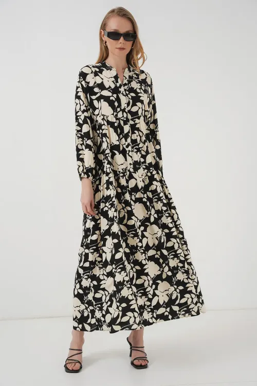 2423 Otantik Desenli Tesettür Elbise - Siyah - Beyaz1