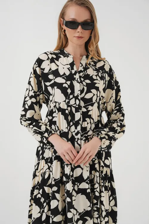 2423 Otantik Desenli Tesettür Elbise - Siyah - Beyaz1