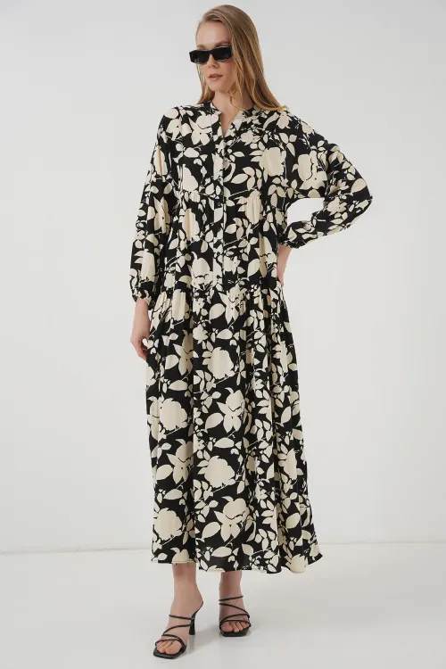 2423 Otantik Desenli Tesettür Elbise - Siyah - Beyaz1