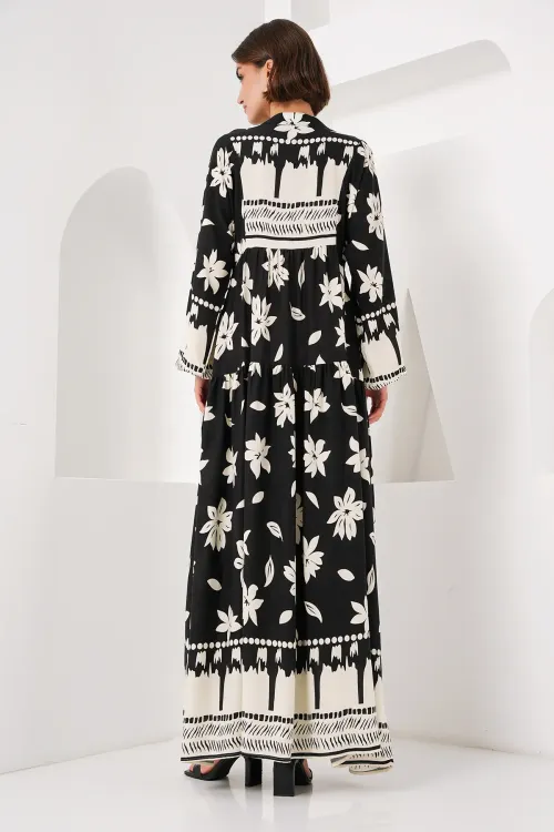 2423 Otantik Desenli Tesettür Elbise - Siyah2