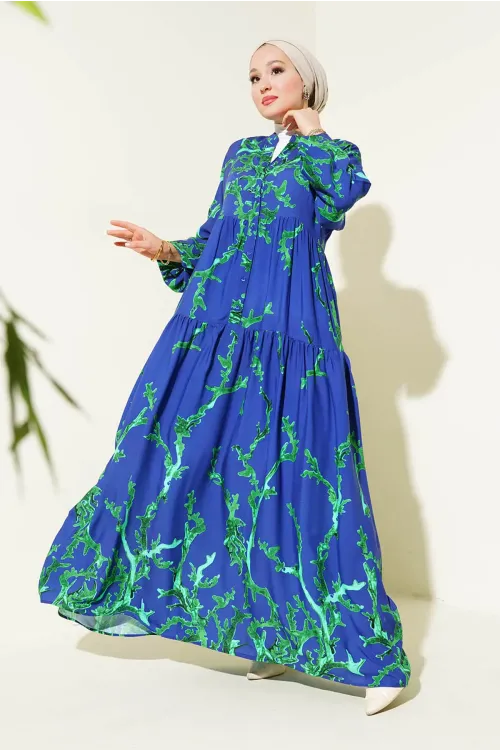 2423 Otantik Desenli Tesettür Elbise - T. Lacivert