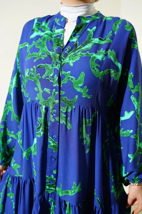 2423 Otantik Desenli Tesettür Elbise - T. Lacivert