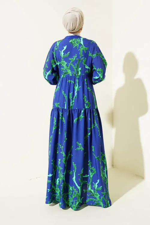 2423 Otantik Desenli Tesettür Elbise - T. Lacivert