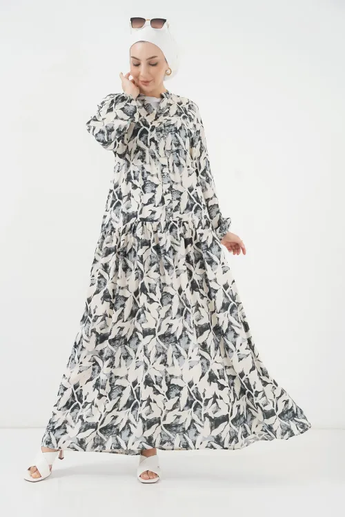 2423 Otantik Desenli Tesettür Elbise - V. Antrasit