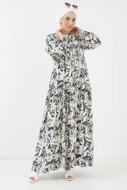 2423 Otantik Desenli Tesettür Elbise - V. Antrasit