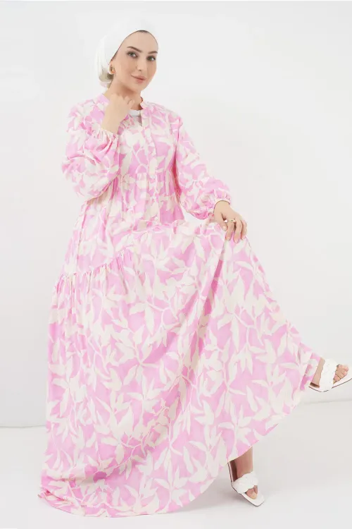 2423 Otantik Desenli Tesettür Elbise - Y.Pembe