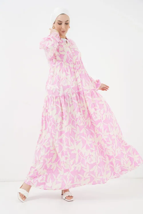 2423 Otantik Desenli Tesettür Elbise - Y.Pembe