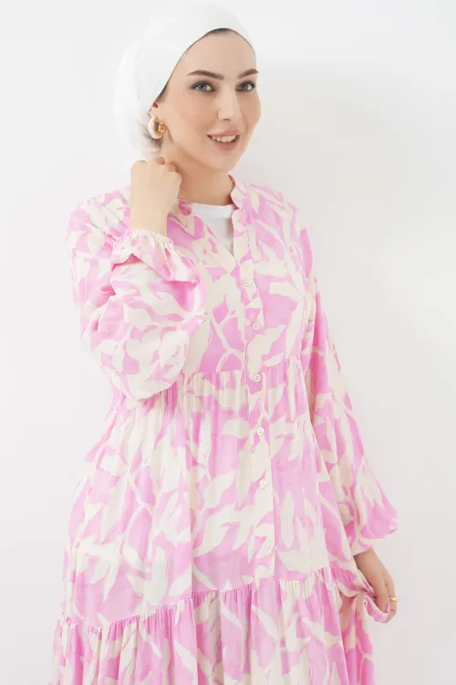 2423 Otantik Desenli Tesettür Elbise - Y.Pembe
