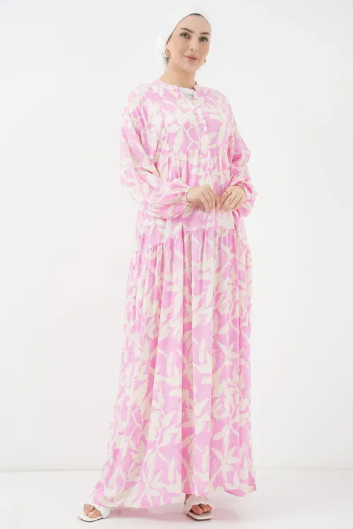 2423 Otantik Desenli Tesettür Elbise - Y.Pembe