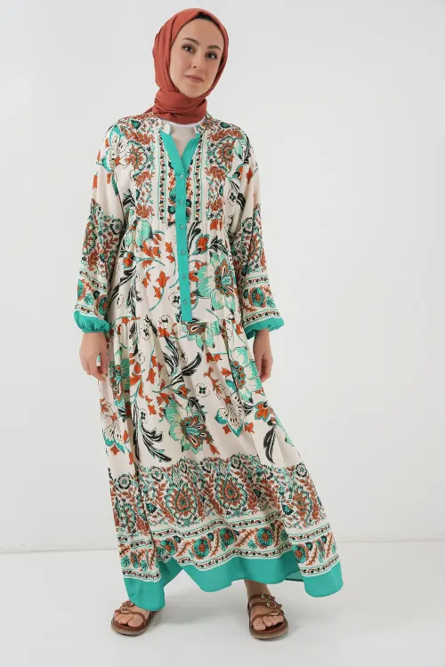 2423 Otantik Desenli Tesettür Elbise - Yeşil 2