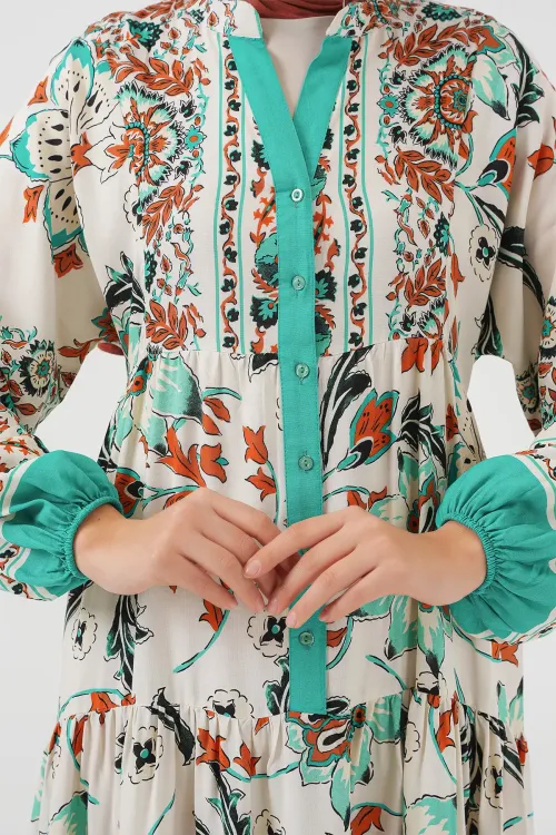 2423 Otantik Desenli Tesettür Elbise - Yeşil 2