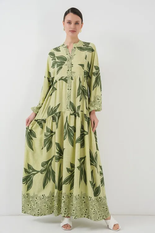 2423 Otantik Desenli Tesettür Elbise - Yeşil 4