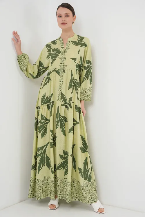 2423 Otantik Desenli Tesettür Elbise - Yeşil 4