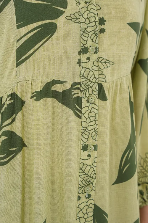 2423 Otantik Desenli Tesettür Elbise - Yeşil 4