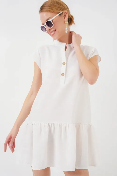 2425 Keten Mini Elbise - Ekru