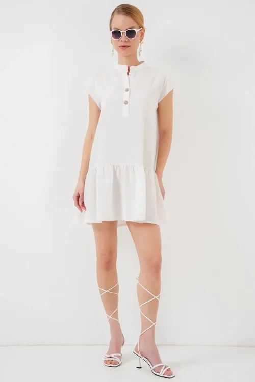 2425 Keten Mini Elbise - Ekru