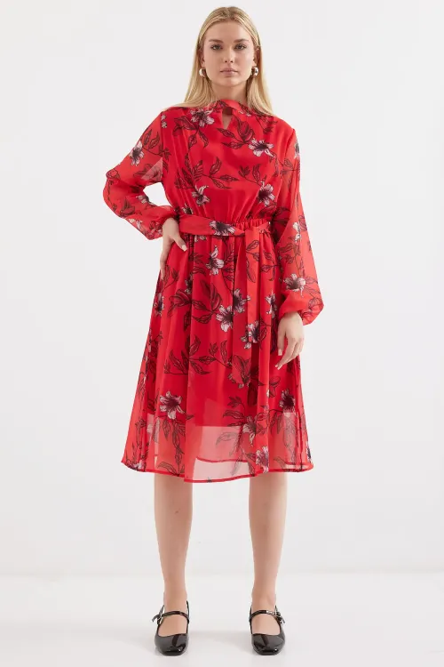 2459 Astarlı Desenli Tül Elbise - Kırmızı