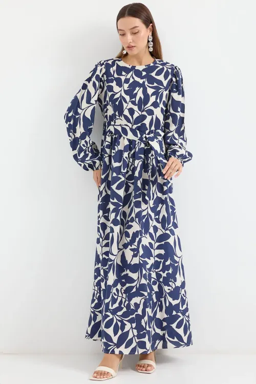 2513 Balon Kol Tesettür Elbise - Lacivert