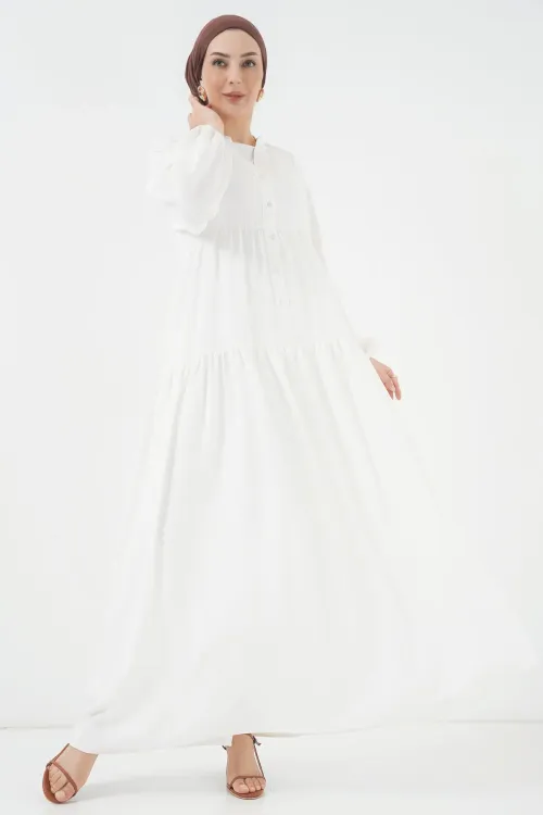 2527 Kadın Uzun Tesettür Elbise - Beyaz