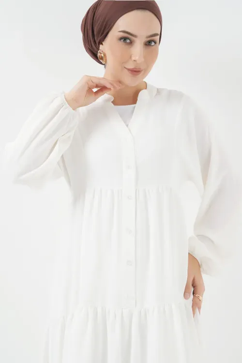 2527 Kadın Uzun Tesettür Elbise - Beyaz