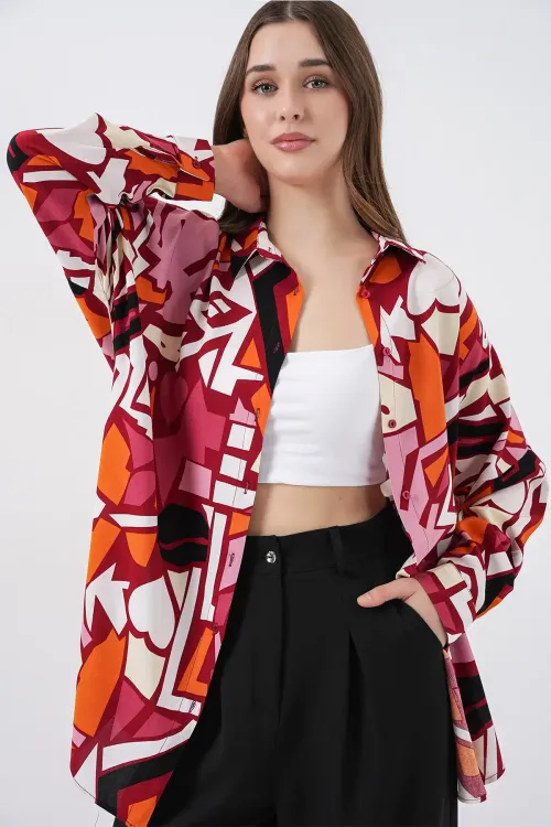 3721 Grafik Desenli Gömlek - Bordo