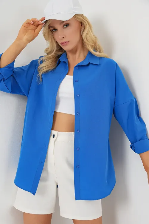3900 Oversize Uzun Basic Gömlek - B.Mavi
