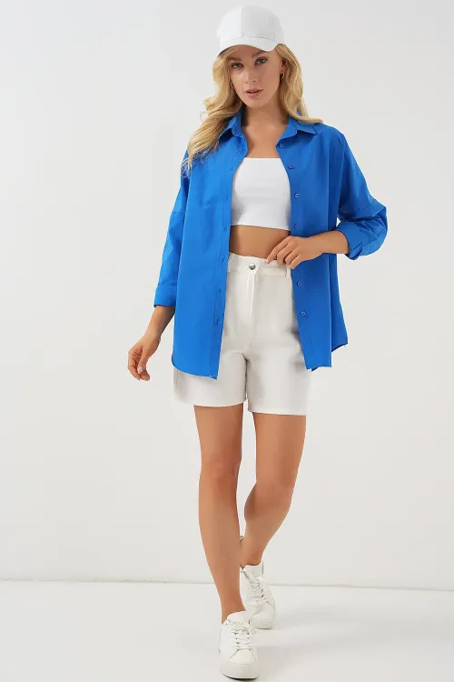 3900 Oversize Uzun Basic Gömlek - B.Mavi