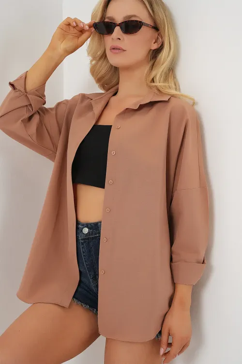 3900 Oversize Uzun Basic Gömlek - Camel