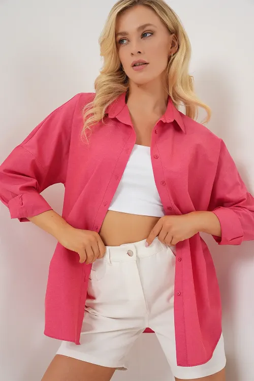 3900 Oversize Uzun Basic Gömlek - Nar