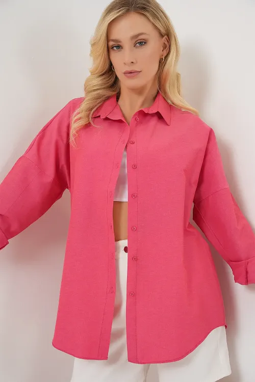 3900 Oversize Uzun Basic Gömlek - Nar