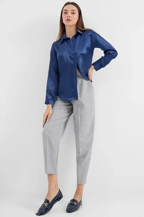 3964 Hafif Dökümlü Saten Gömlek - Lacivert