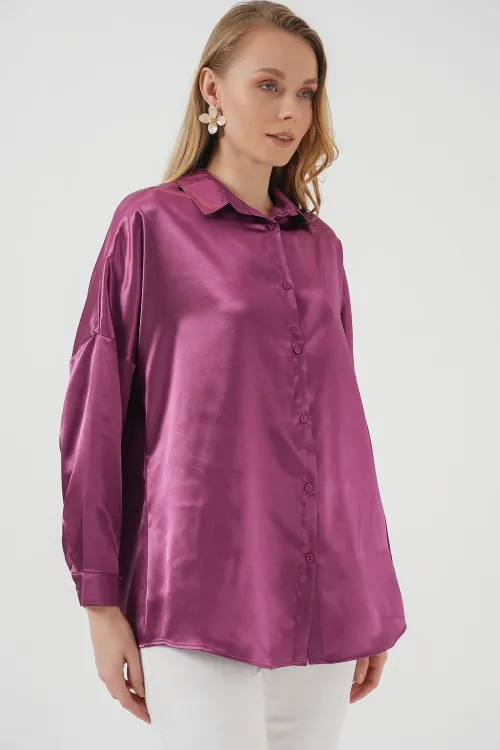 3985 Oversize Saten Gömlek - Koyu Lila
