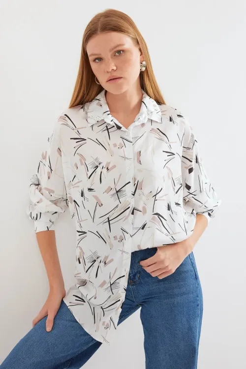 3985 Oversize Saten Gömlek - Siyah - Beyaz 1