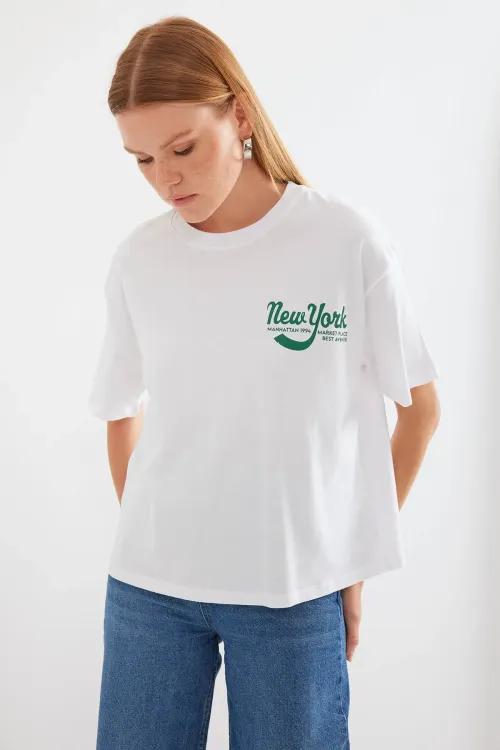 4318 Baskılı Basic Tişört - Beyaz