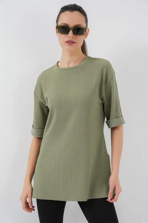 4332 Yanı Yırtmaçlı Örme Tişört - Çağla