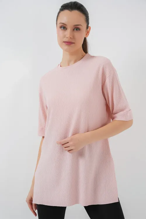 4332 Yanı Yırtmaçlı Örme Tişört - Pudra