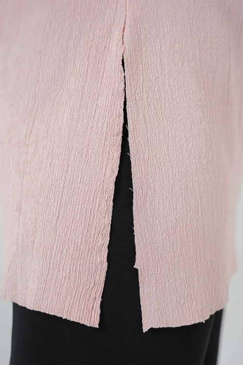 4332 Yanı Yırtmaçlı Örme Tişört - Pudra