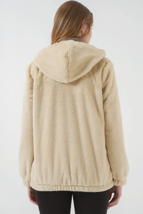 5091 Kapşonlu Kürklü İçi Astarlı Mont - Bisküvi