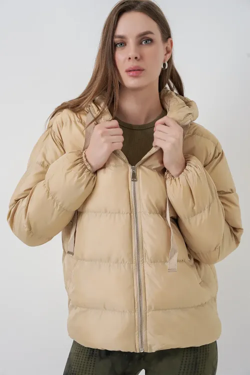 5117 Kapşonlu Şişme Mont - Vizon