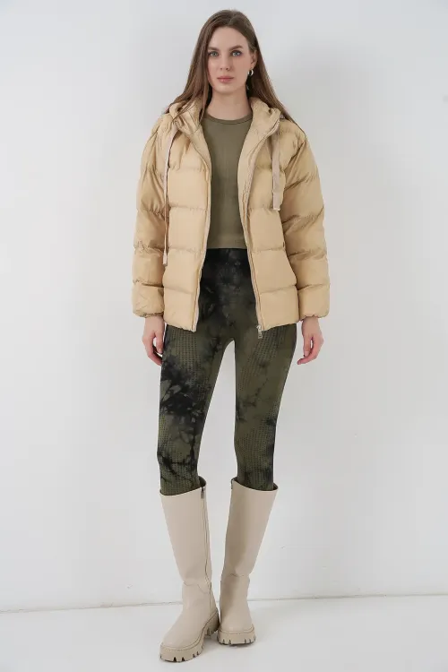 5117 Kapşonlu Şişme Mont - Vizon