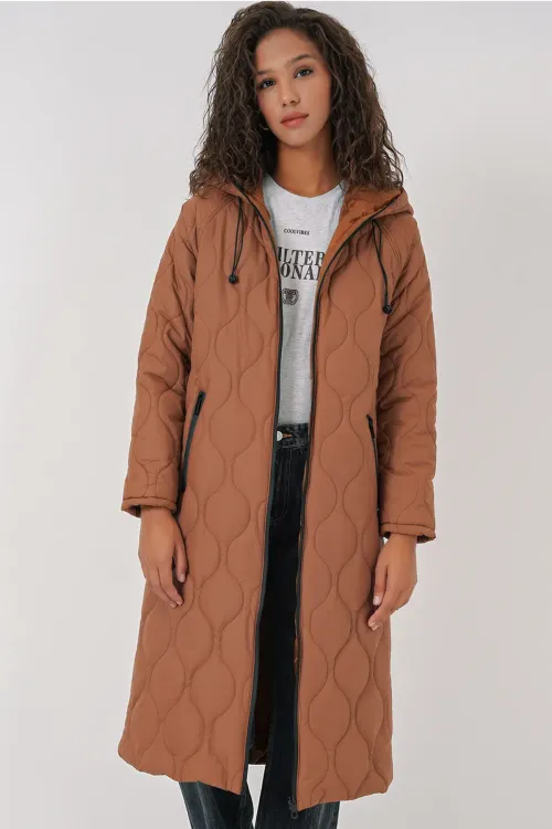 5177 Kapüşonlu Uzun Kapitone Mont - Taba