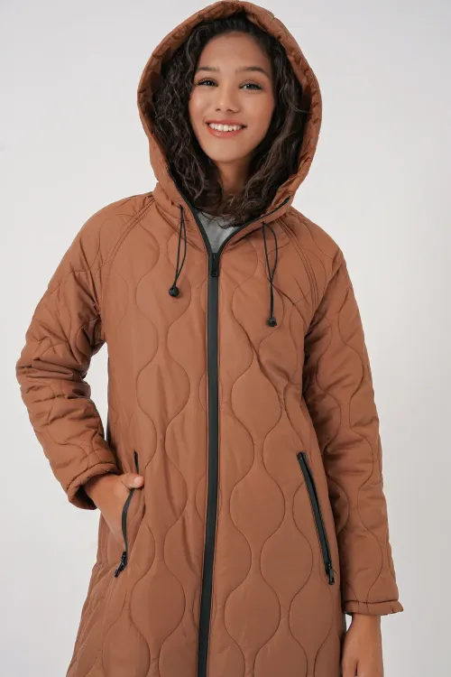 5177 Kapüşonlu Uzun Kapitone Mont - Taba