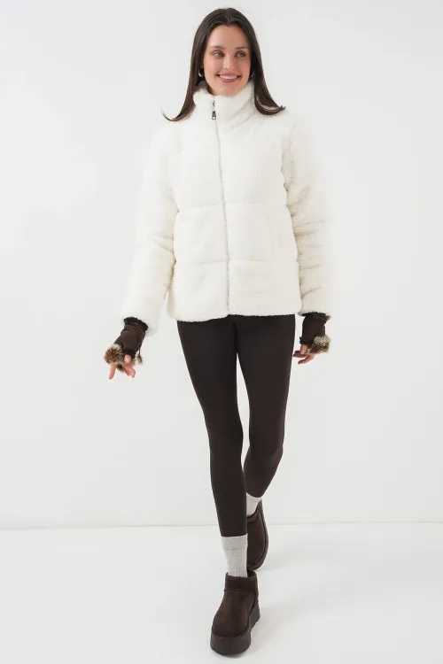 5178 Astarlı Peluş Mont - Beyaz