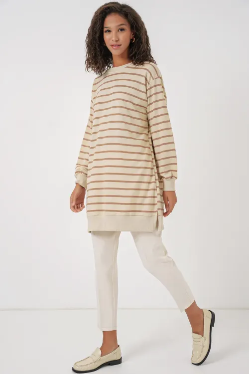 55452 Kadın Bisiklet Yaka Çizgili Tesettür Tunik - Bisküvi