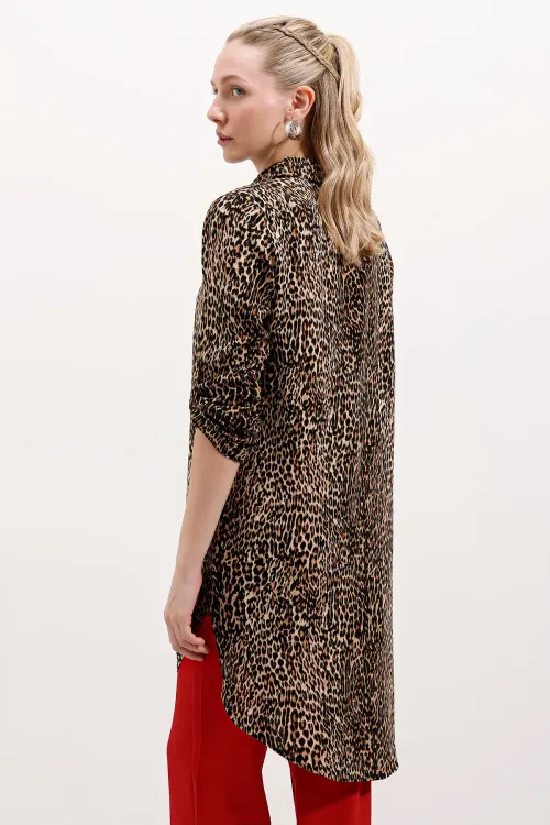 5613 Yaka Bağcıklı Çizgili Tunik - A.Kahve