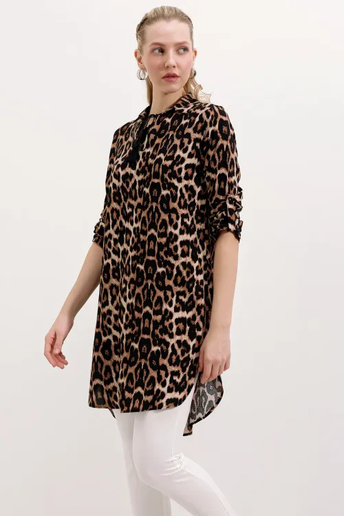 5613 Yaka Bağcıklı Çizgili Tunik - Kahverengi