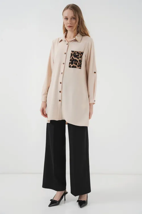 5851 Cep Detaylı Gömlek Tunik - Bej