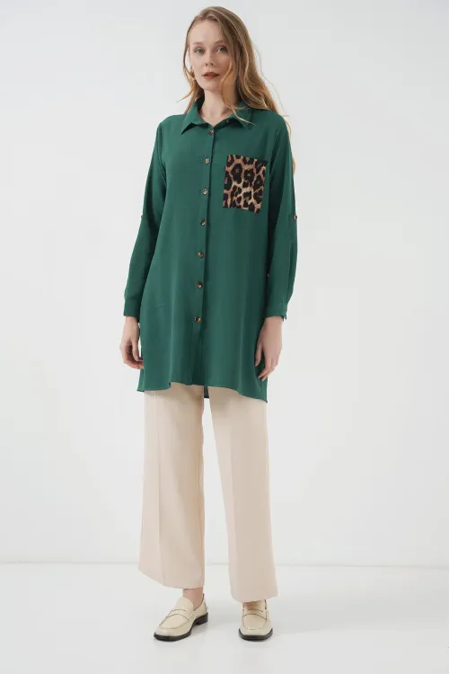 5851 Cep Detaylı Gömlek Tunik - Zümrüt Yeşili