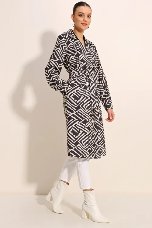 5853 Desenli Kruvaze Yaka Trençkot - C. Siyah