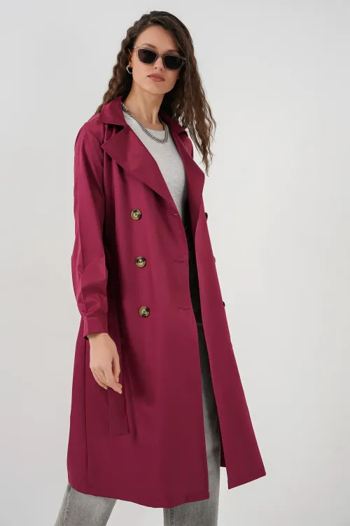 5853 Kruvaze Yaka Trençkot - Bordo